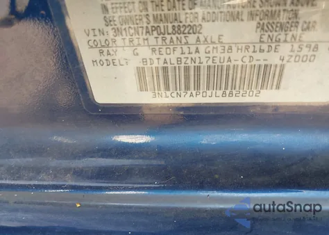 2018 Nissan Versa 1.6 Sv из США, поврежденный, VIN 3N1CN7AP0JL882202